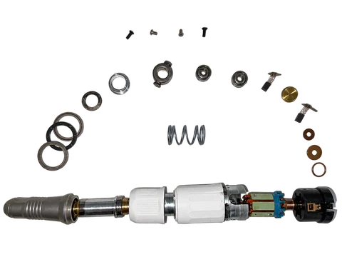 Disassembled laboratory micromotor handpiece and its internal components.