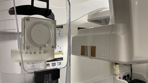 Test phantom positioned on a dental panoramic imaging unit.
